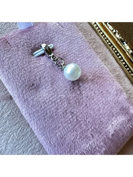White Glass Pearl Charm With Blue Floral Print & Stainless Steel Lobster Clasp - Picture 3 of 10